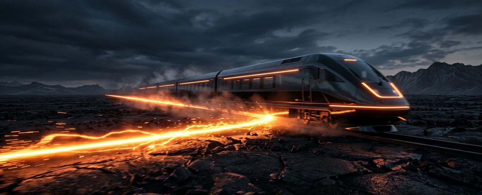 Огромный скоростной локомотив из темного стекла, оставляющий за собой огненный оранжевый след на бесконечной равнине