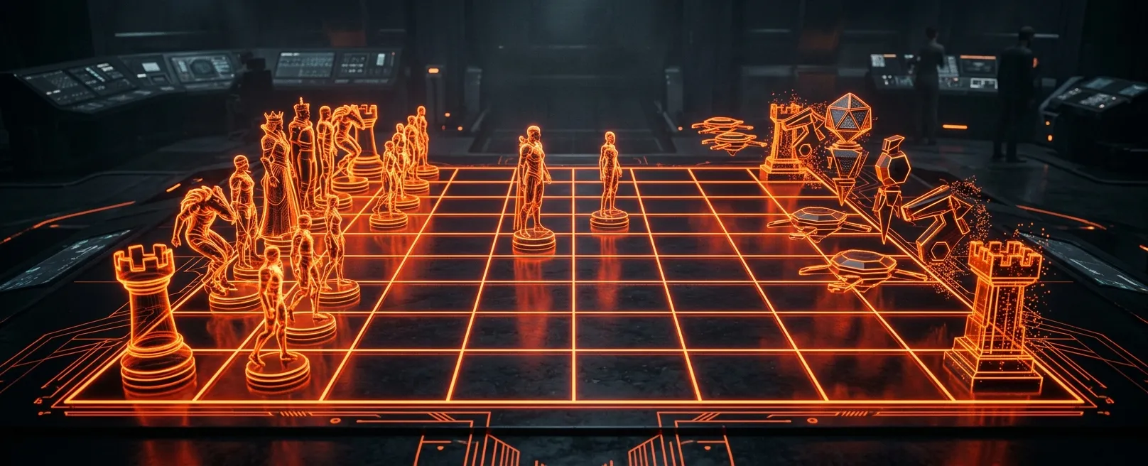 Гигантский, футуристический шахматный стол, где на доске вместо фигур – символы людей и ИИ-агентов, показывающий реорганизацию бизнеса.