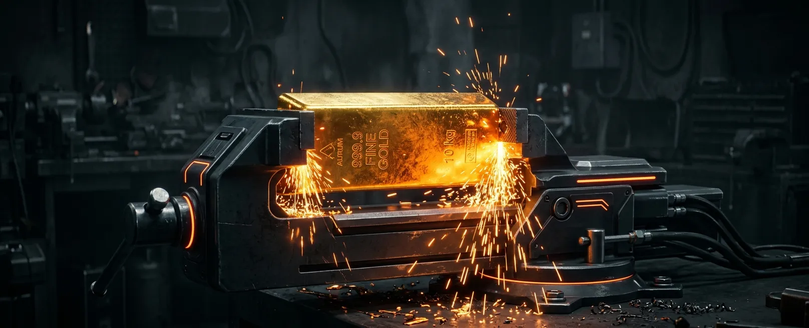 Массивный золотой слиток, зажатый в тисках футуристического дизайна, символизирующий извлечение максимальной ценности из данных с помощью ИИ.