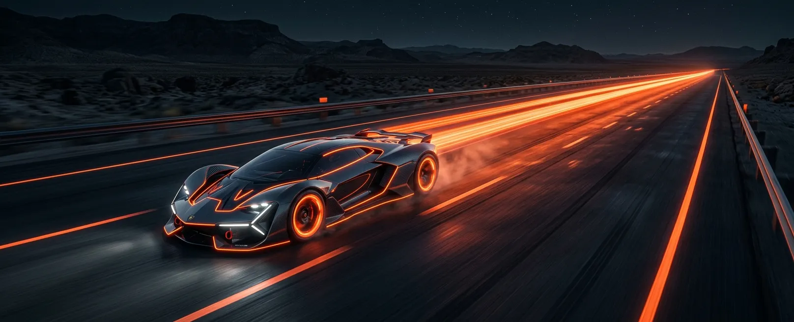 Футуристический гоночный автомобиль, оставляющий за собой след из неонового оранжевого света, мчащийся по пустой трассе, символизирующий скорость адаптации и лидерство.
