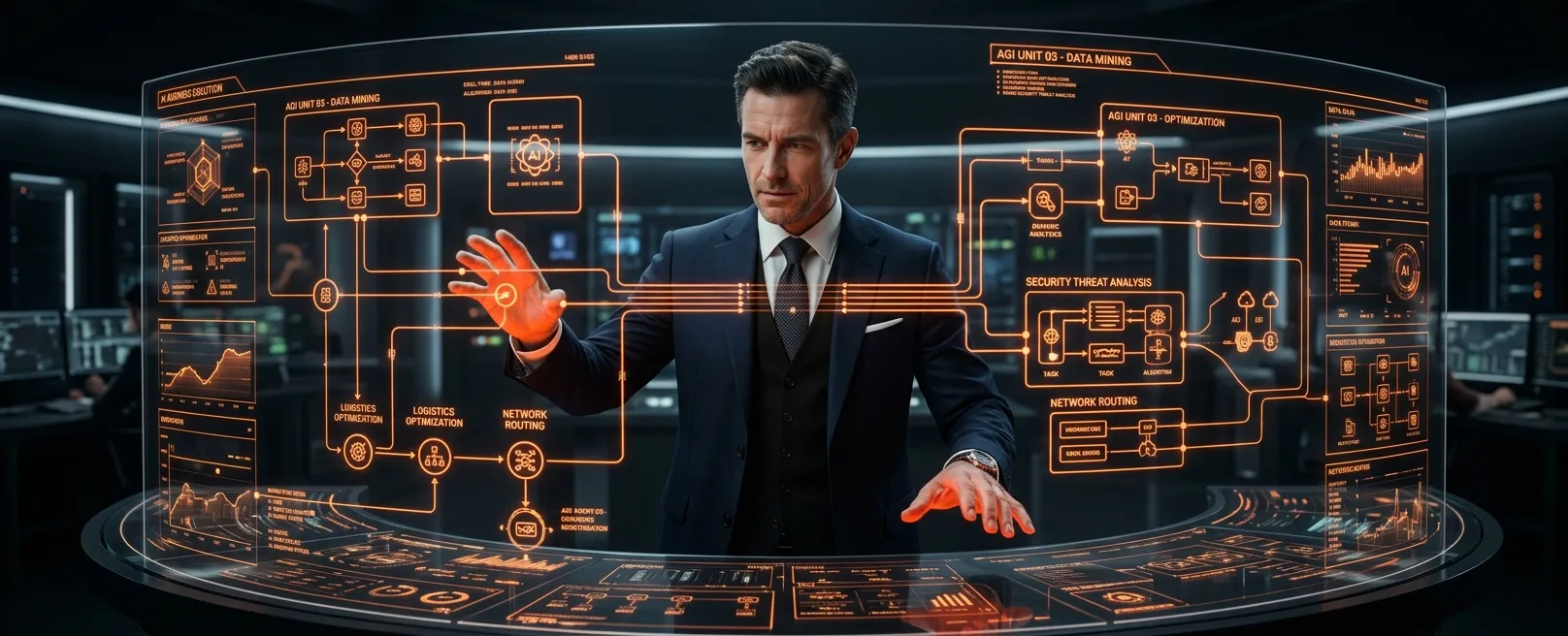 Человек, управляющий сложной голографической панелью с множеством взаимодействующих AI-агентов, символизирующий роль сотрудника как архитектора и надзирателя.