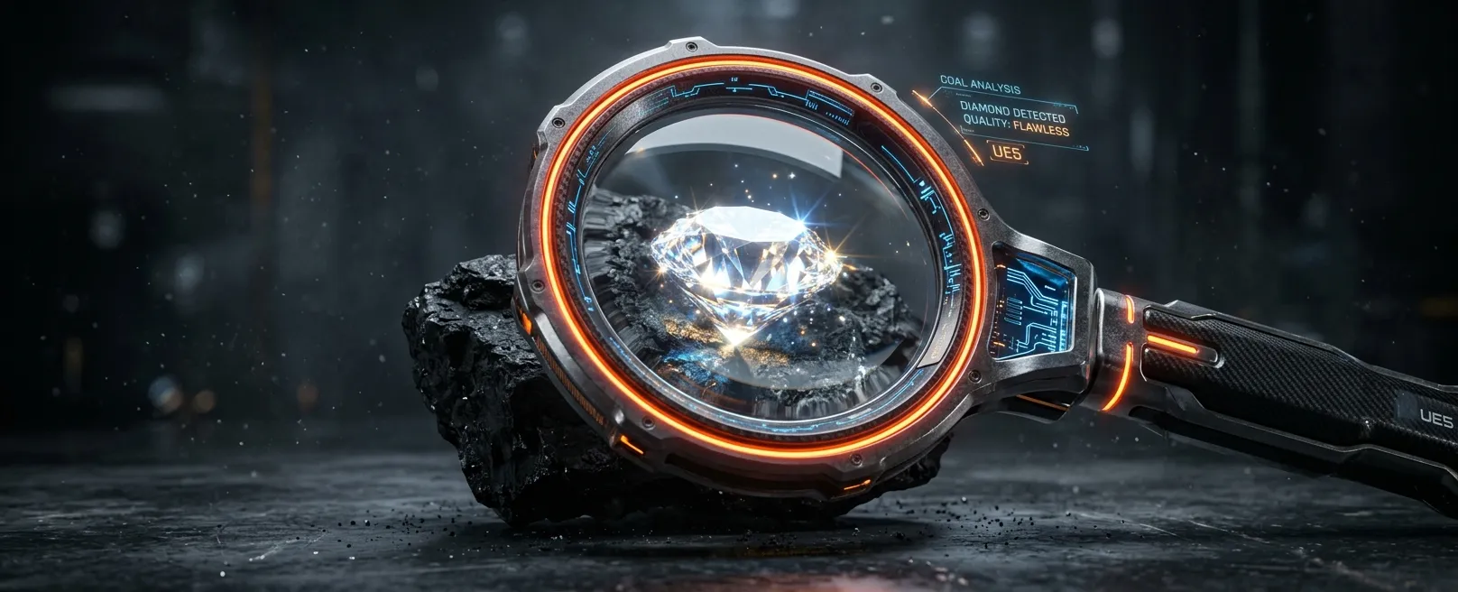 Неоновая лупа над углем, проявляющая алмаз