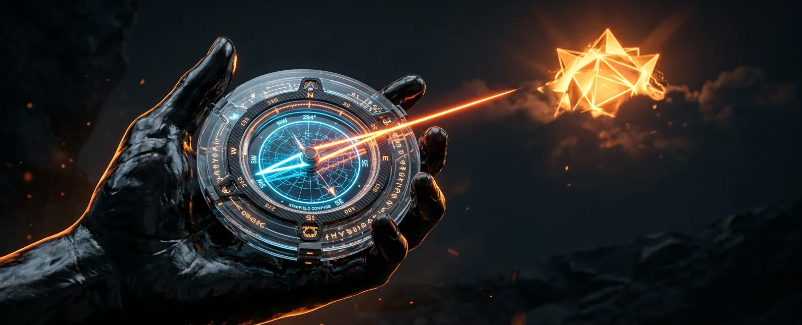 Рука из обсидиана держит футуристический компас, указывающий на оранжевое солнце