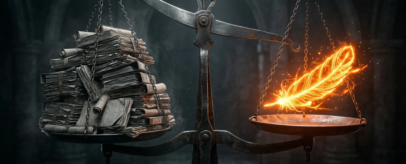 Весы, где одно оранжевое перо перевешивает гору тяжелых документов