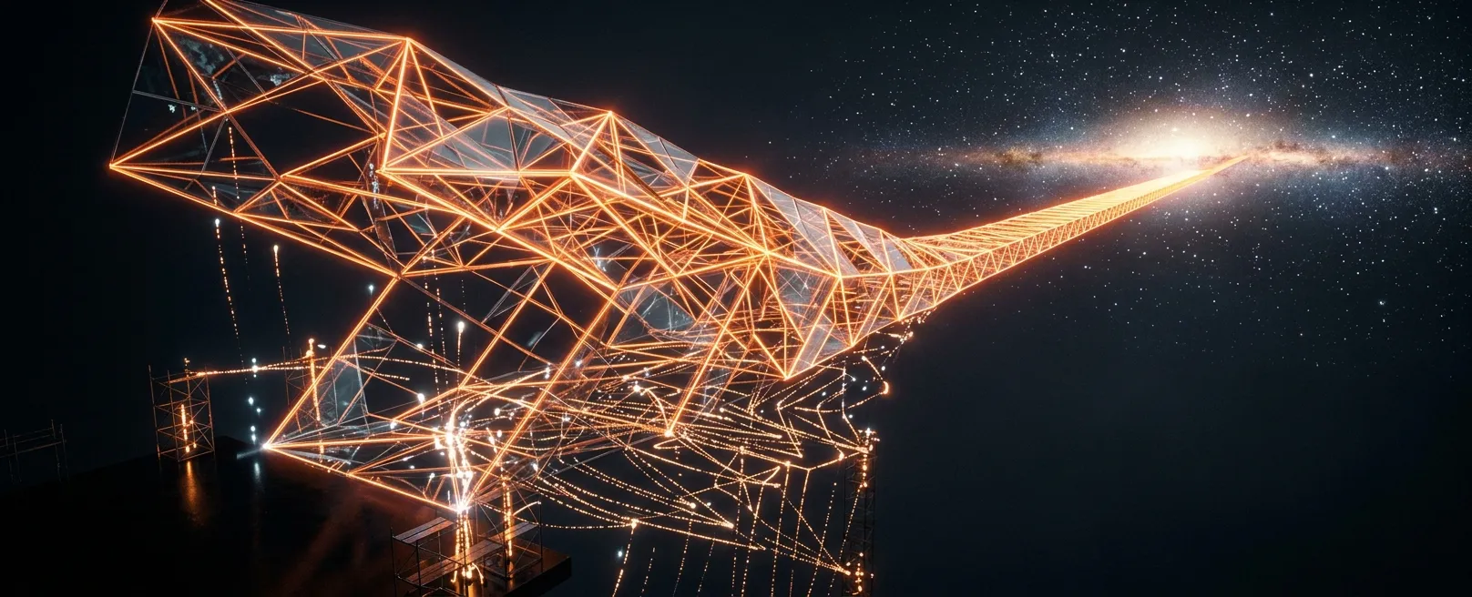 Прозрачный мост, строящийся в темноте из светящихся линий