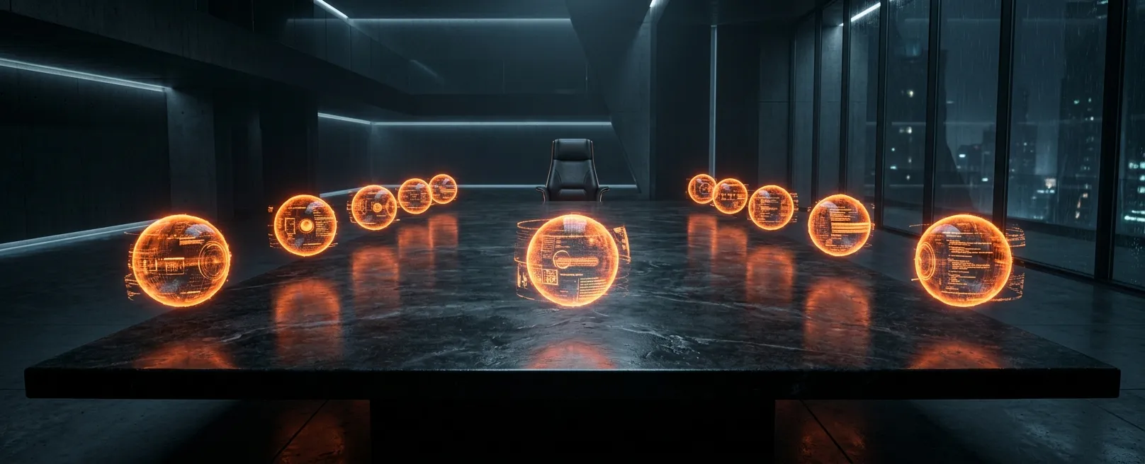 Пустое футуристичное кресло руководителя в окружении светящихся сфер