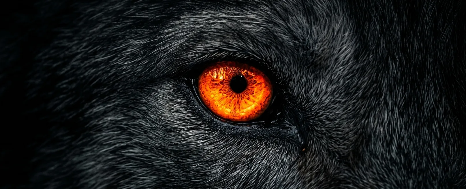 Глаз волка, светящийся оранжевым неоном в полной темноте