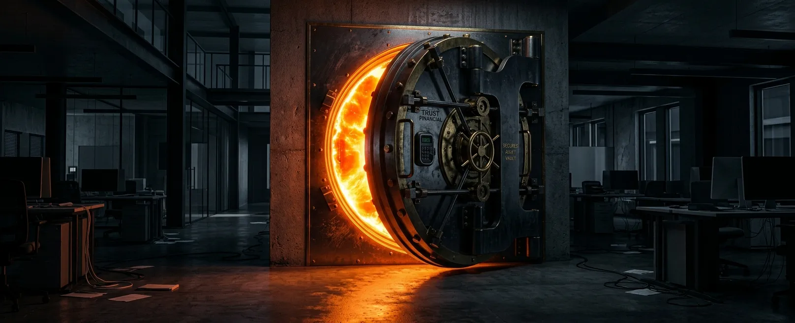 Массивный сейф, из которого вместо золота исходит мощный оранжевый свет в пустое офисное пространство