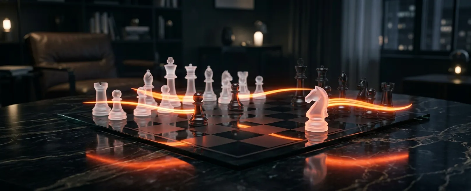 Минималистичные шахматы на стеклянной доске, где фигуры двигаются сами по себе с оранжевым свечением