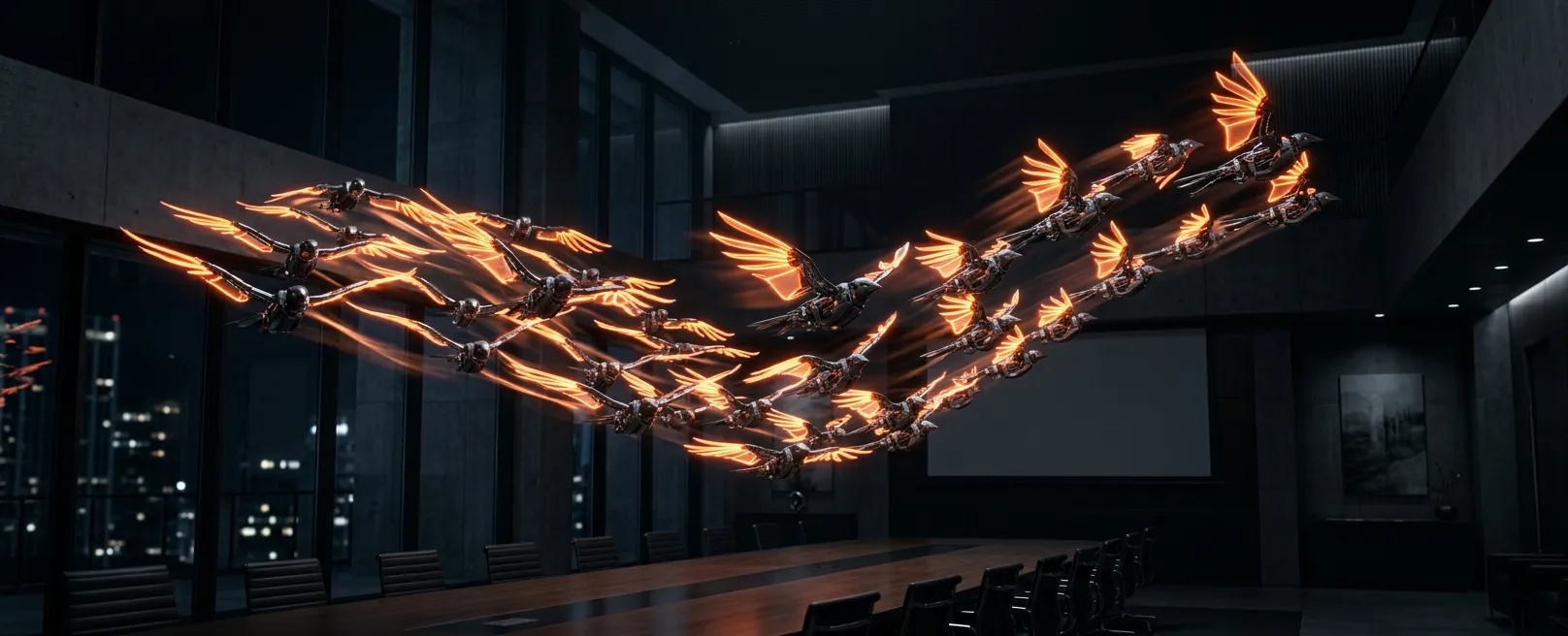 Стая механических птиц в офисе